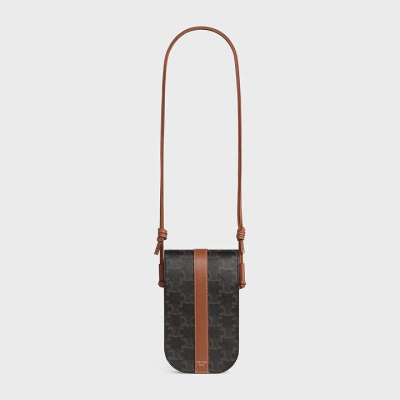 Celine Phone Pouch In Triomphe Kanvas And Calfskin Kese Çanta Kahverengi | CL-591780