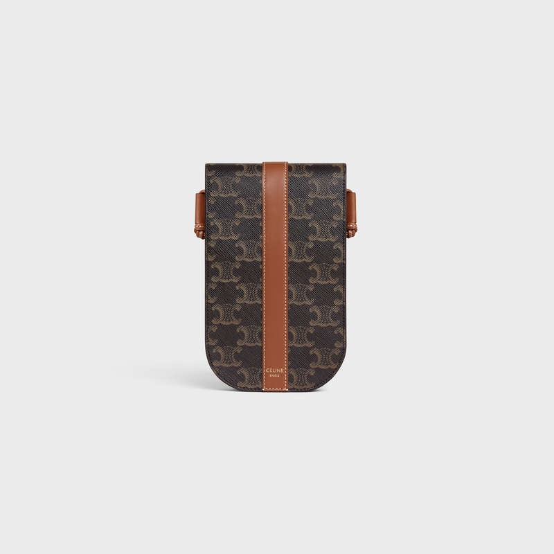 Celine Phone Pouch In Triomphe Kanvas And Calfskin Kese Çanta Kahverengi | CL-591780