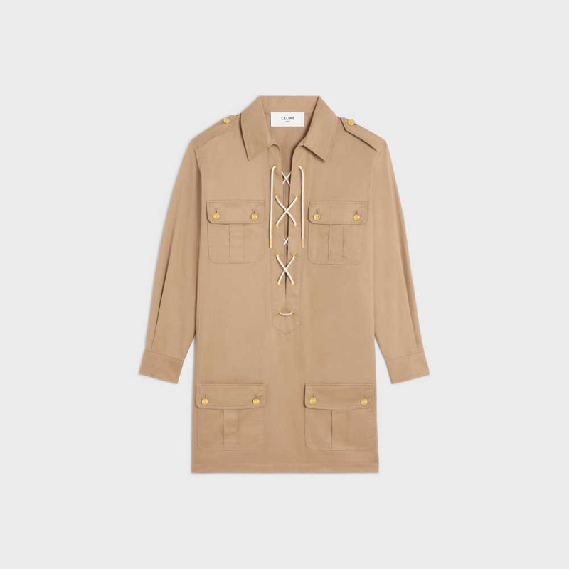 Celine Saharienne Mini In Pamuklu Linen Elbise Haki | CL-592852