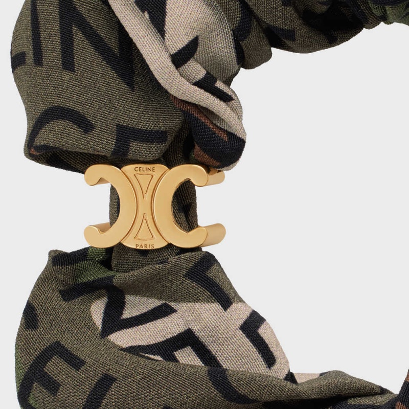 Celine Scrunchy Camouflage In Brass With Gold Finish And Khaki Silk Saç aksesuarları Altın Haki | CL-592326