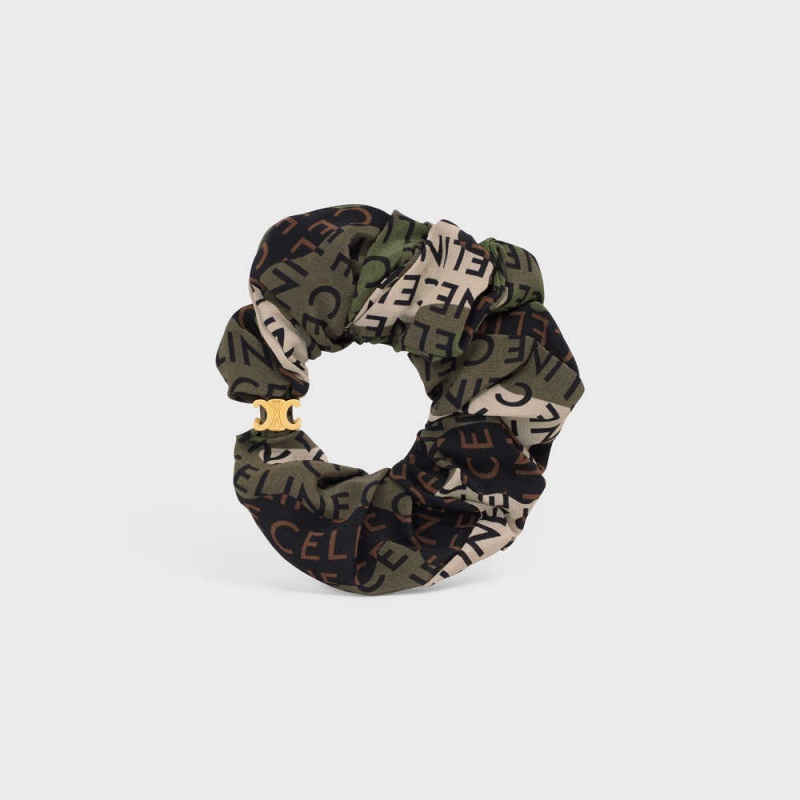 Celine Scrunchy Camouflage In Brass With Gold Finish And Khaki Silk Saç aksesuarları Altın Haki | CL-592326