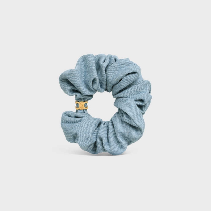 Celine Scrunchy In Brass With Gold Finish And Denim Saç aksesuarları Altın Mavi | CL-592330