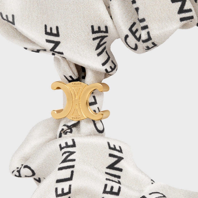Celine Scrunchy Rayure In Brass With Gold Finish And Silk Saç aksesuarları Altın Beyaz | CL-592328