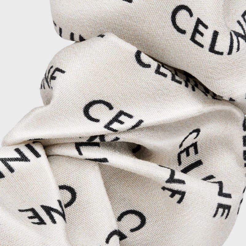 Celine Scrunchy Rayure In Brass With Gold Finish And Silk Saç aksesuarları Altın Beyaz | CL-592328