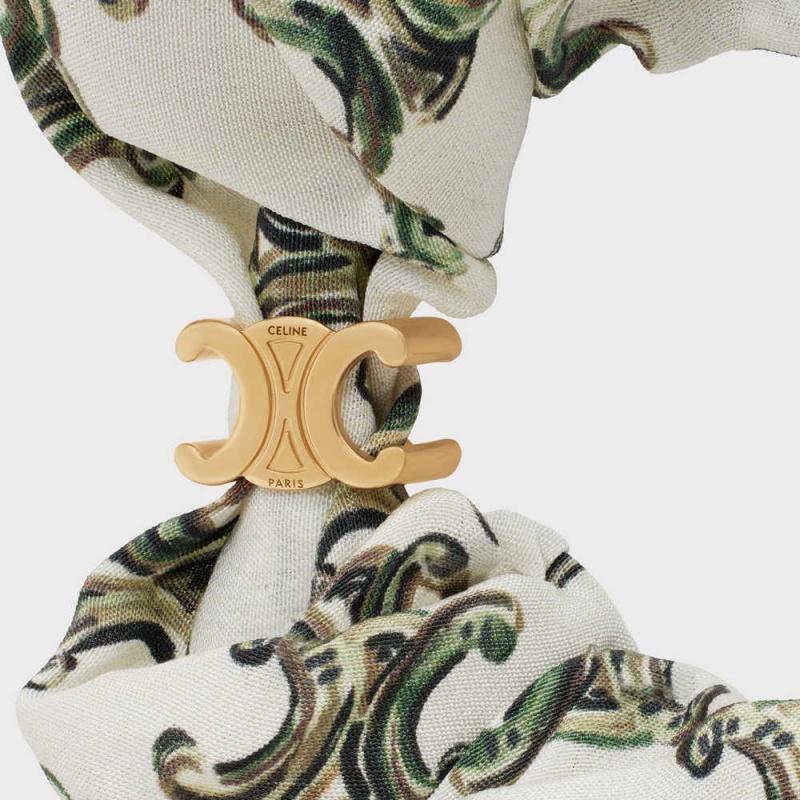 Celine Scrunchy Triomphe Camo In Brass With Gold Finish And Silk Saç aksesuarları Altın | CL-592327
