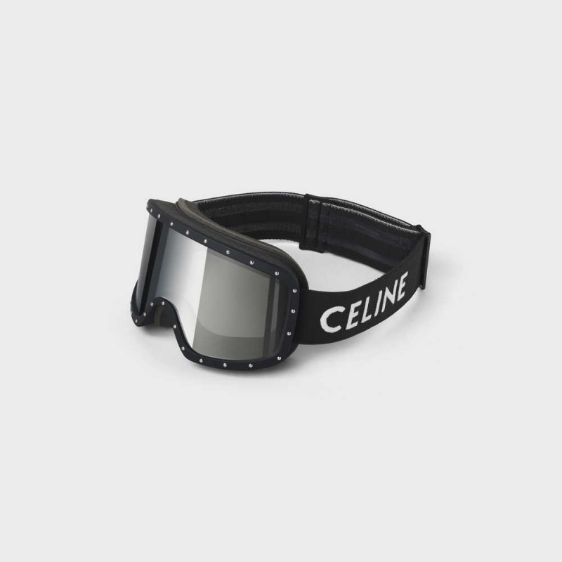 Celine Ski Mask In Plastic With Metal Studs & Mirror Lenses Güneş Gözlüğü Siyah Siyah | CL-592441