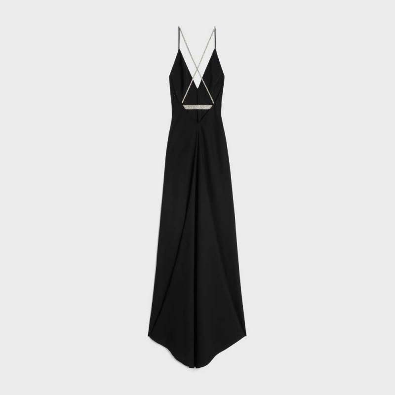 Celine Slip With Rhinestones In Satin-lined CrêPe Elbise Siyah | CL-592862