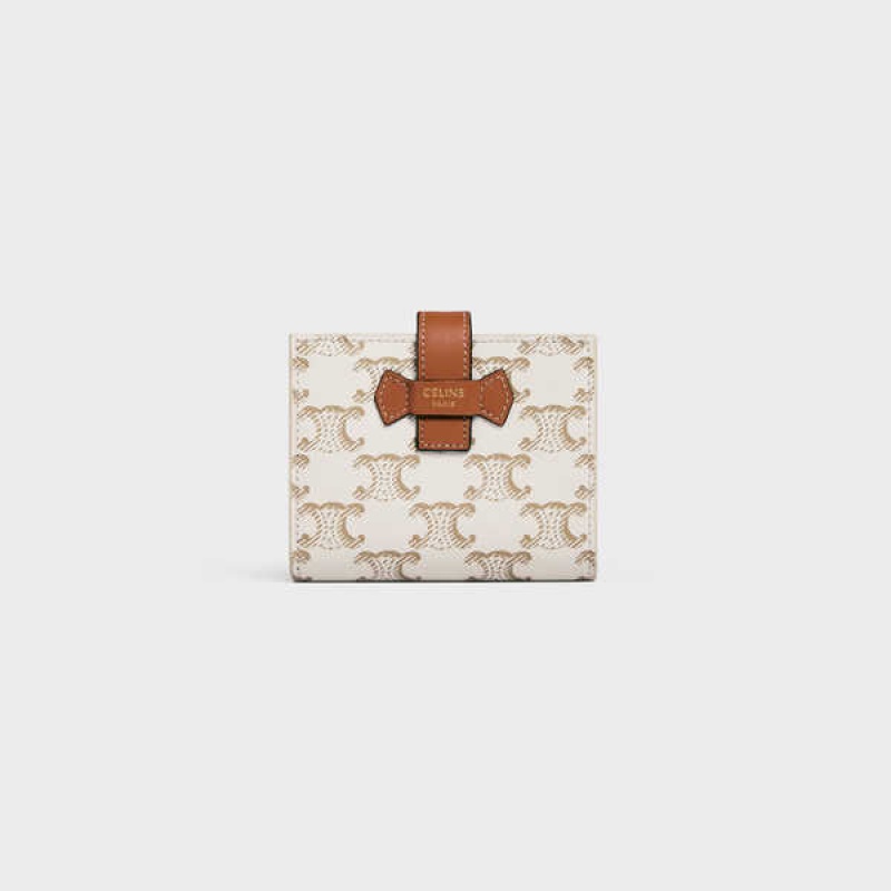 Celine Small Askılı Essentials In Triomphe Kanvas And Lambskin Cüzdan Beyaz Kahverengi | CL-592988