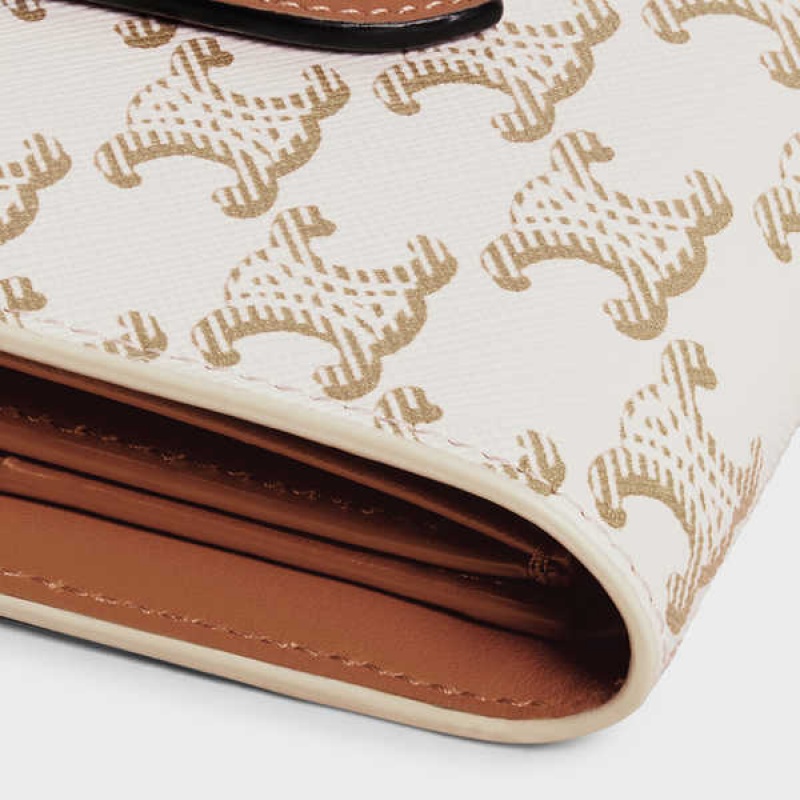 Celine Small Askılı Essentials In Triomphe Kanvas And Lambskin Cüzdan Beyaz Kahverengi | CL-592988