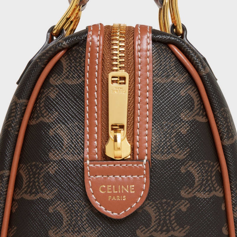 Celine Small Boston In And Calfskin Triomphe Canvas Kahverengi | CL-593132