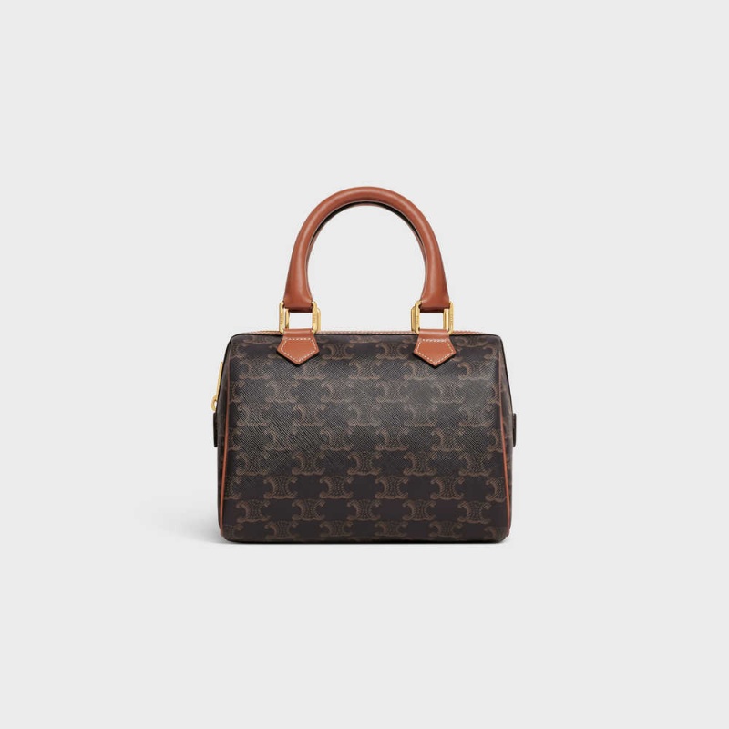 Celine Small Boston In And Calfskin Triomphe Canvas Kahverengi | CL-593132