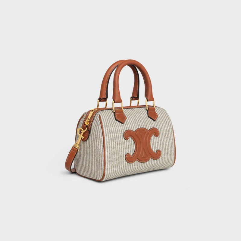Celine Small Boston In Çizgili Tekstil And Calfskin Cuir Triomphe Bej Rengi | CL-593151