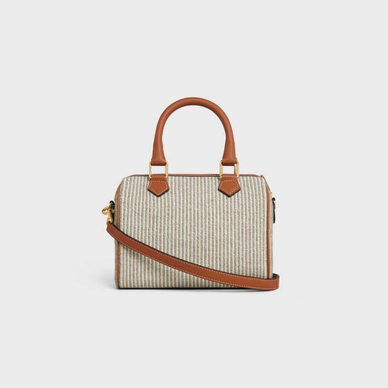 Celine Small Boston In Çizgili Tekstil And Calfskin Cuir Triomphe Bej Rengi | CL-593151