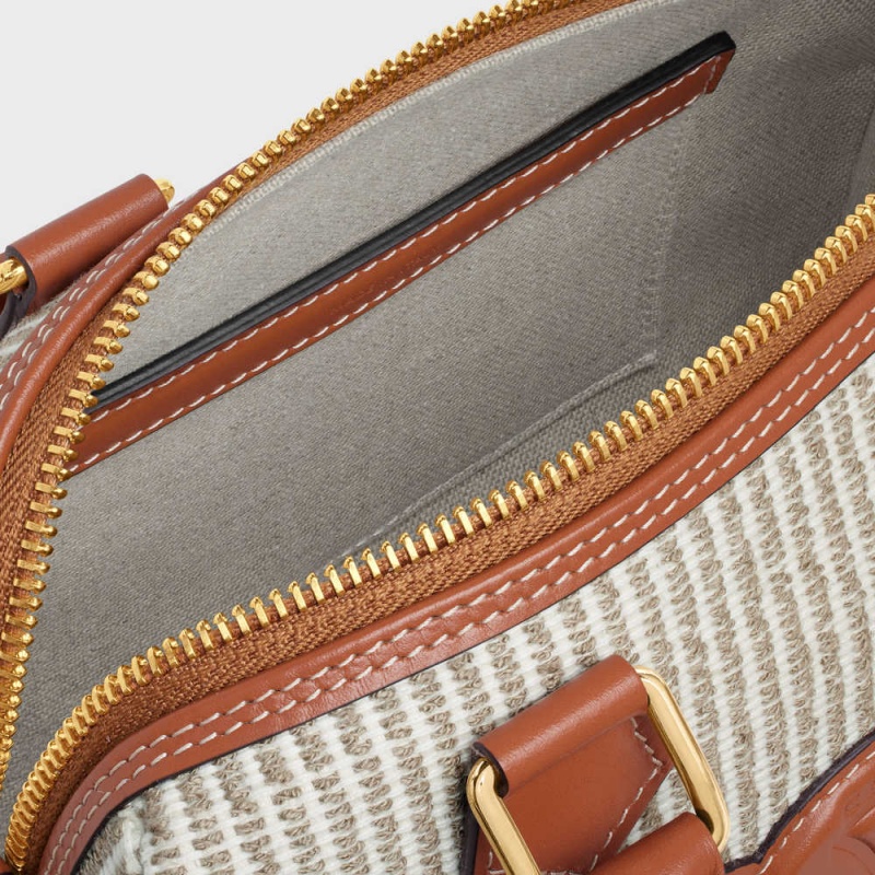 Celine Small Boston In Çizgili Tekstil And Calfskin Cuir Triomphe Bej Rengi | CL-593151