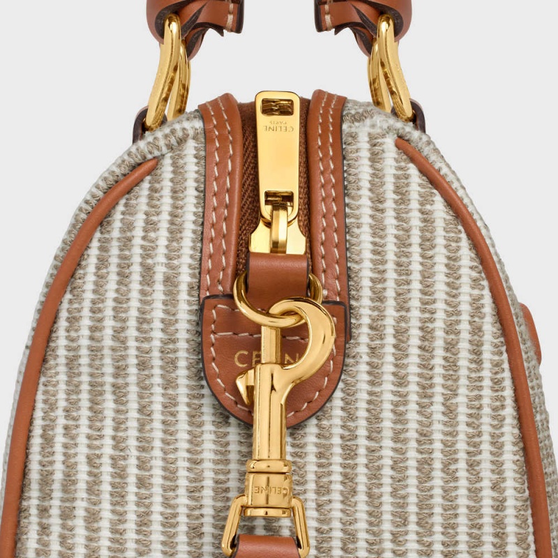 Celine Small Boston In Çizgili Tekstil And Calfskin Cuir Triomphe Bej Rengi | CL-593151