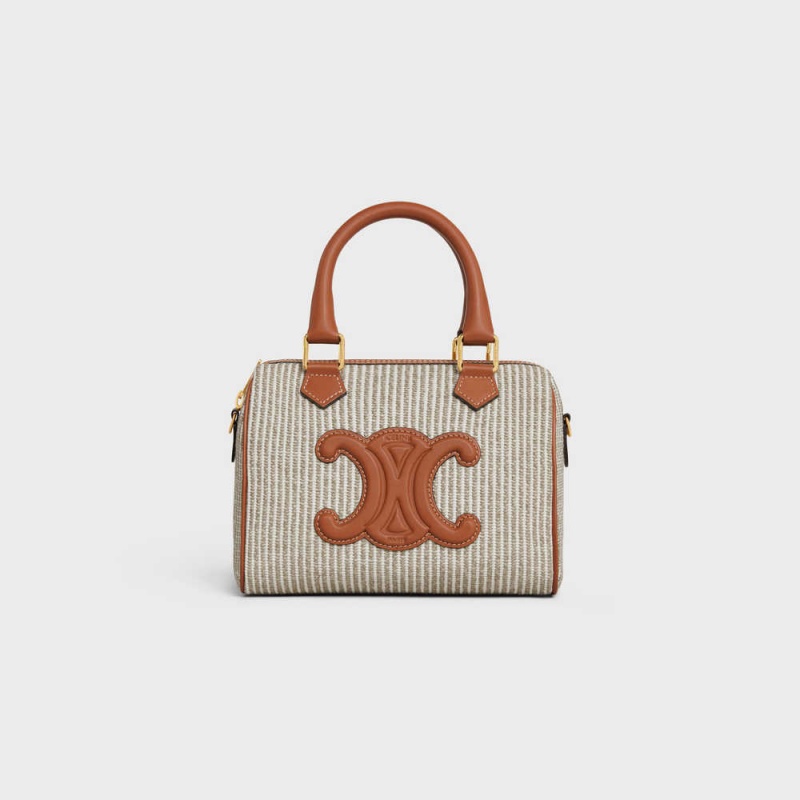 Celine Small Boston In Çizgili Tekstil And Calfskin Cuir Triomphe Bej Rengi | CL-593151