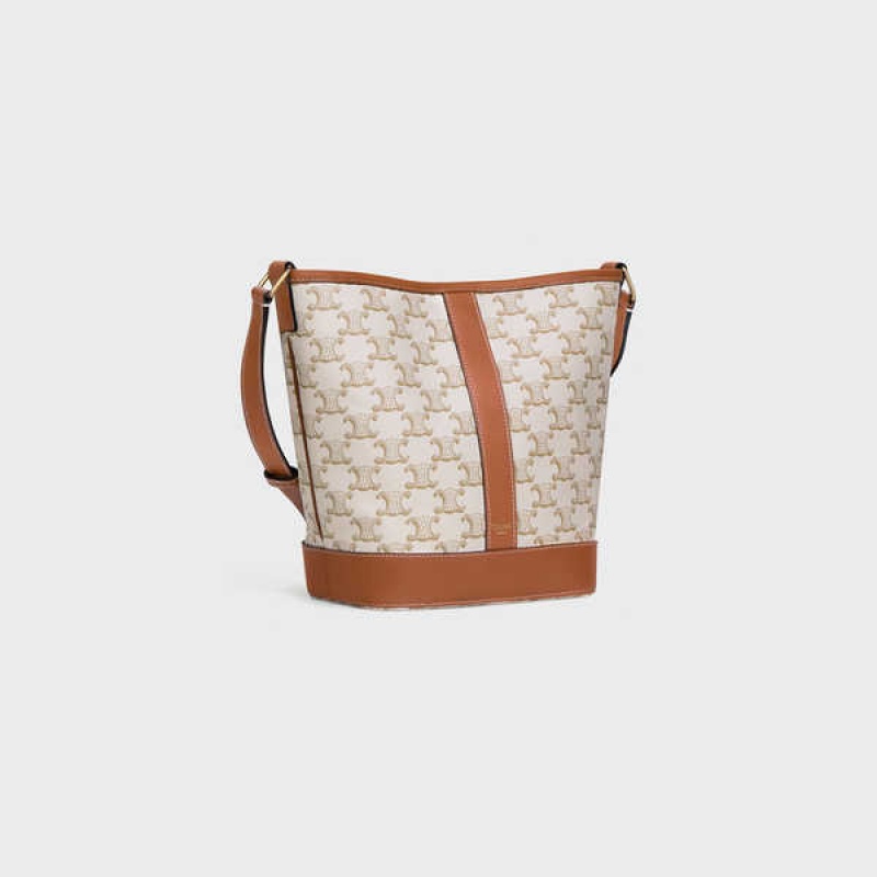 Celine Small Bucket In And Calfskin Triomphe Canvas Beyaz | CL-593124