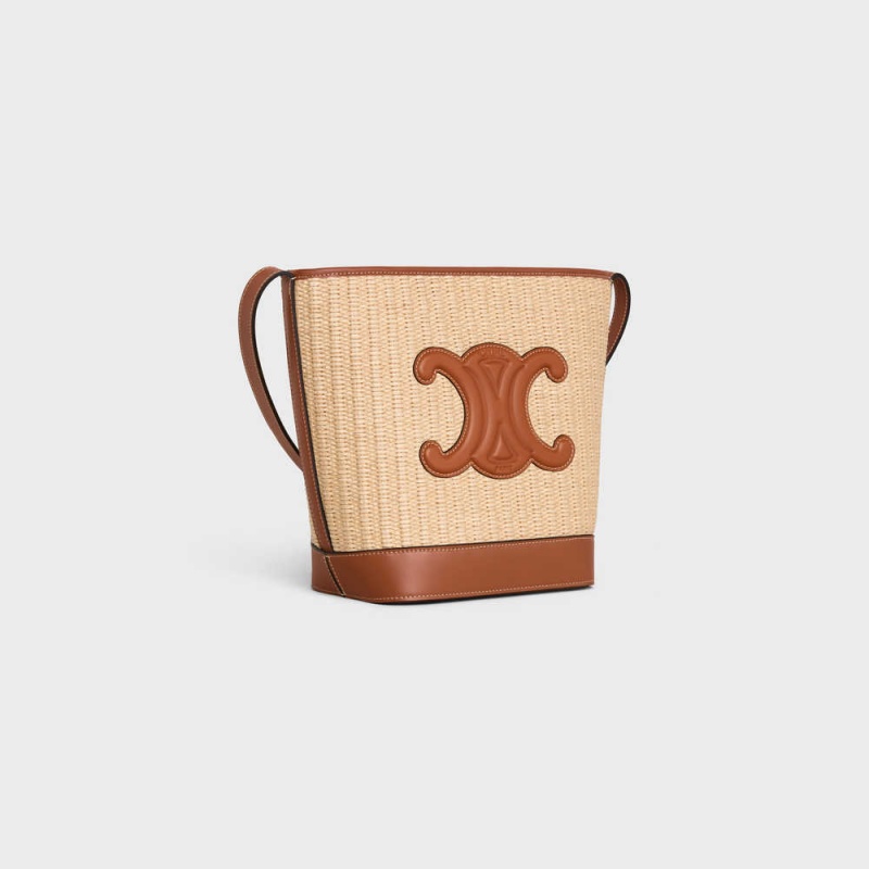 Celine Small Bucket In Raffia Effect Tekstil And Calfskin Cuir Triomphe Bej Rengi Kahverengi | CL-593165
