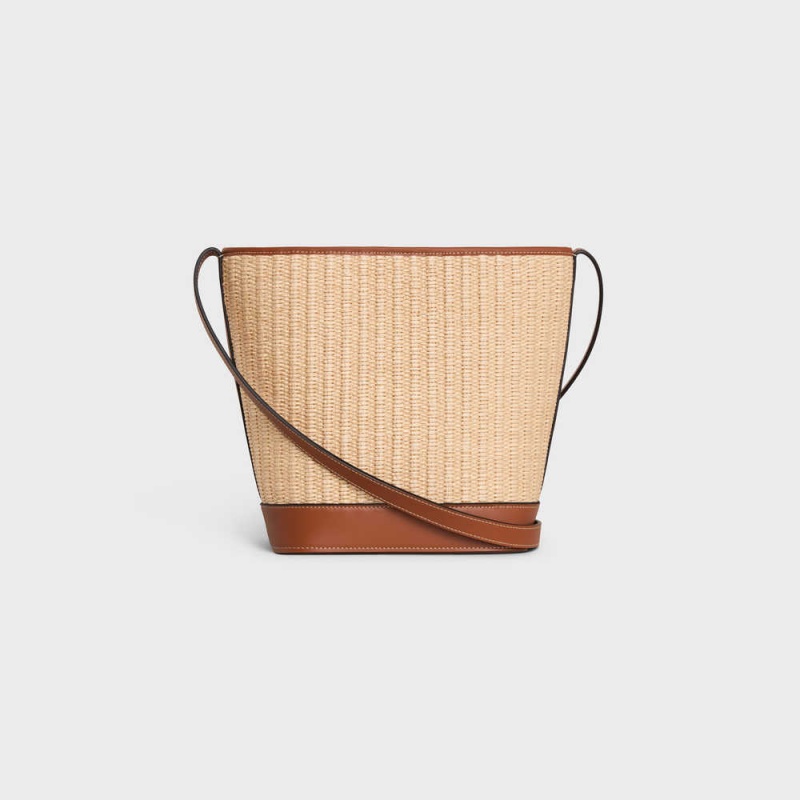 Celine Small Bucket In Raffia Effect Tekstil And Calfskin Cuir Triomphe Bej Rengi Kahverengi | CL-593165