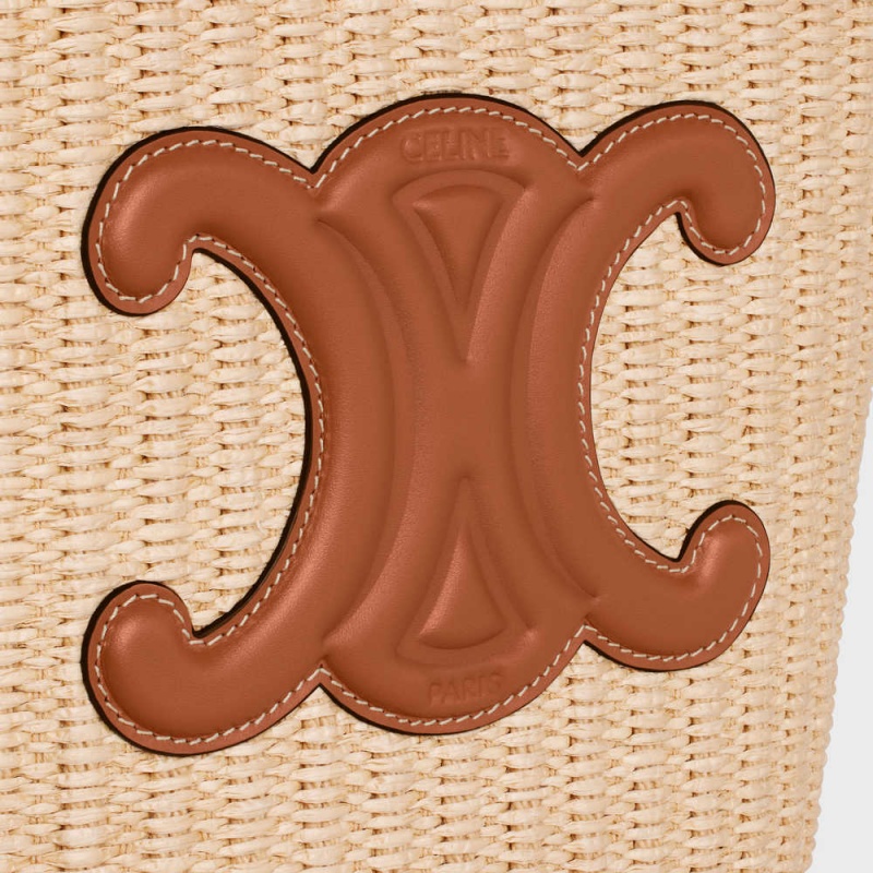 Celine Small Bucket In Raffia Effect Tekstil And Calfskin Cuir Triomphe Bej Rengi Kahverengi | CL-593165