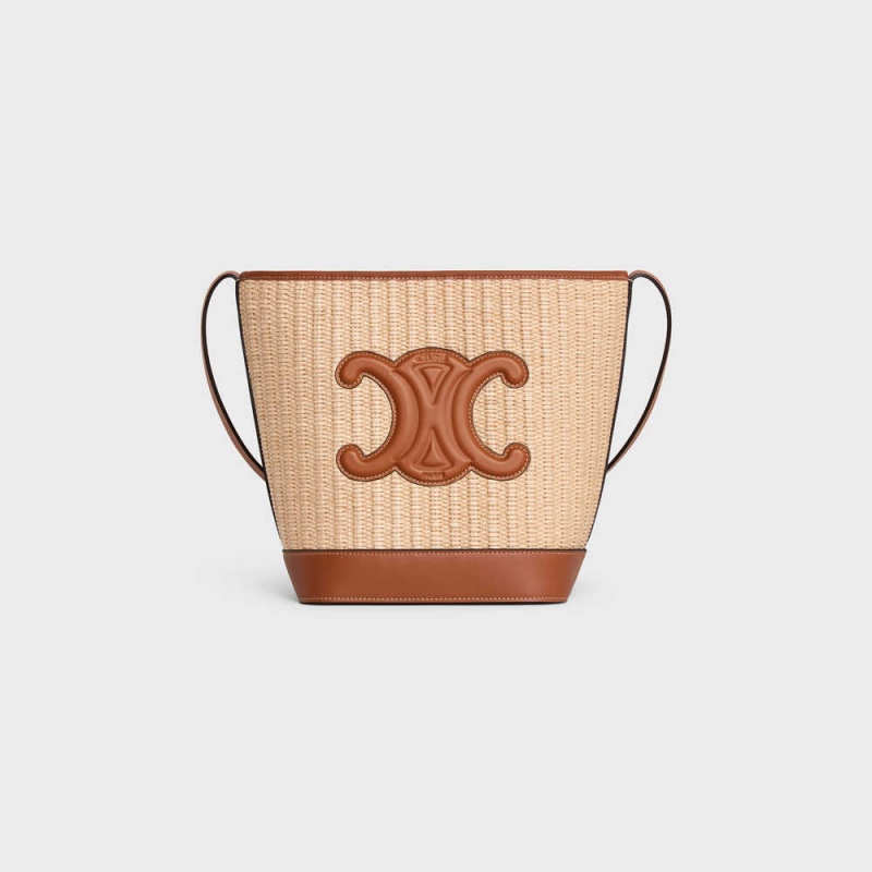Celine Small Bucket In Raffia Effect Tekstil And Calfskin Cuir Triomphe Bej Rengi Kahverengi | CL-593165