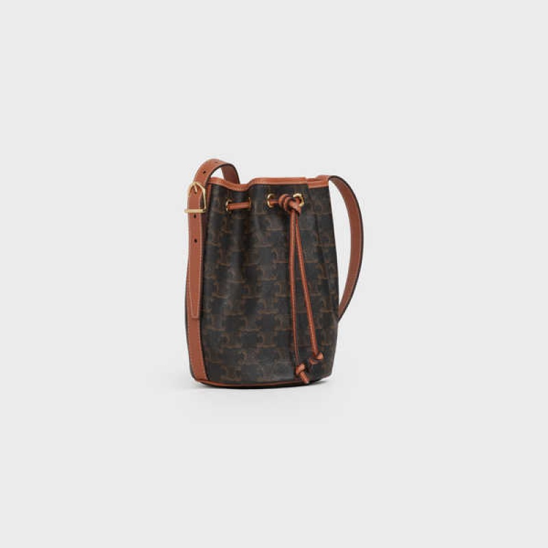 Celine Small Drawstring Bag In And Calfskin Triomphe Canvas Kahverengi | CL-593140