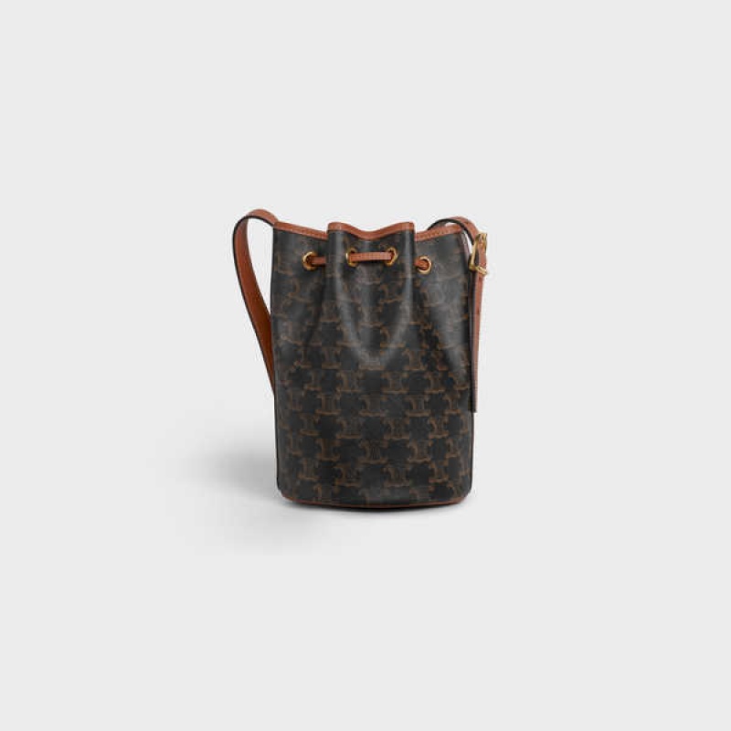 Celine Small Drawstring Bag In And Calfskin Triomphe Canvas Kahverengi | CL-593140