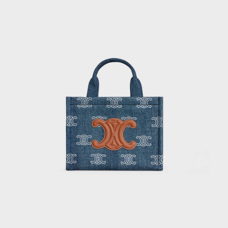 Celine Small Thais In Denim With Triomphe All-over Embroidery And Calfskin Cabas Lacivert Kahverengi | CL-593078