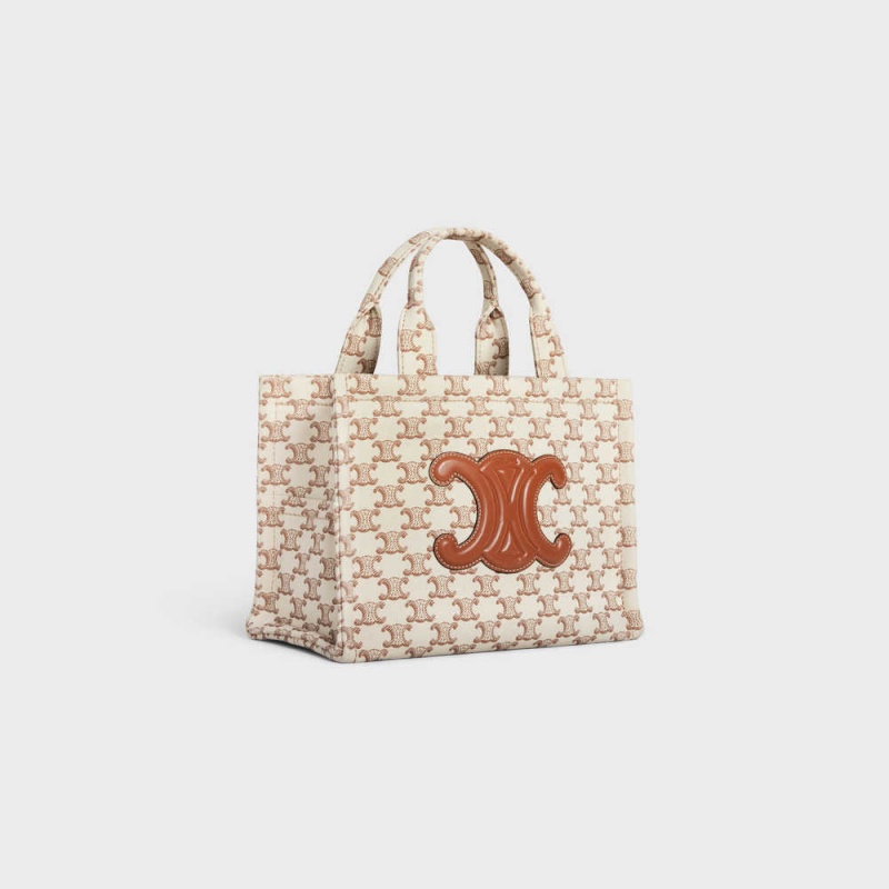 Celine Small Thais In Tekstil With Triomphe Kanvas Print And Calfskin Cabas Beyaz | CL-593077