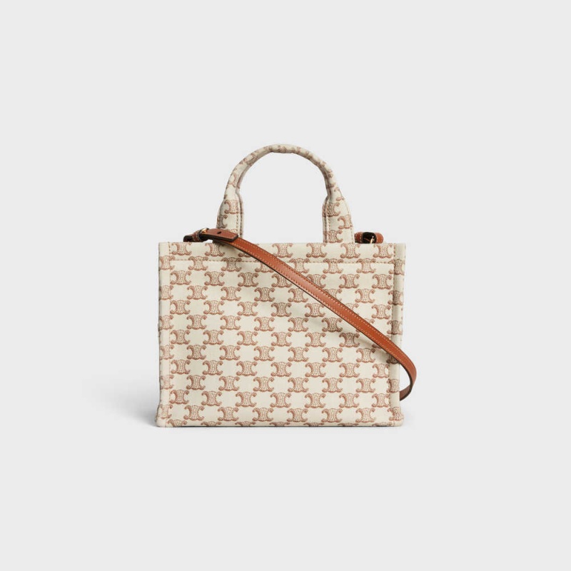 Celine Small Thais In Tekstil With Triomphe Kanvas Print And Calfskin Cabas Beyaz | CL-593077