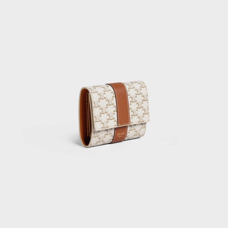Celine Small Trifold In Triomphe Kanvas And Lambskin Cüzdan Beyaz Kahverengi | CL-593005