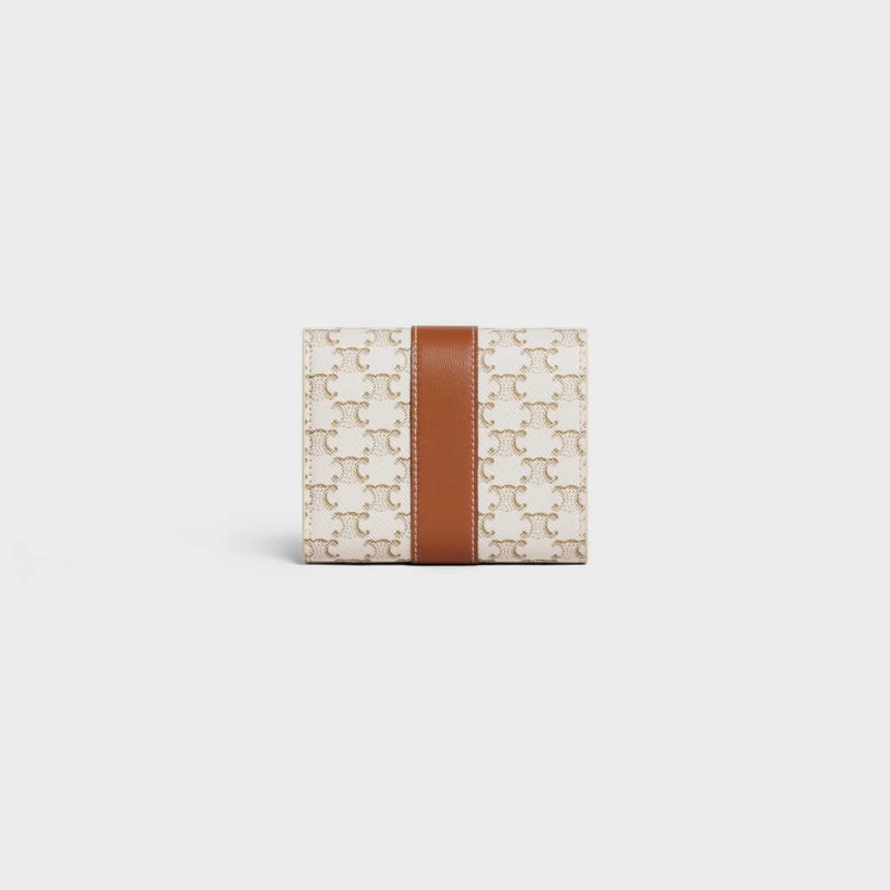 Celine Small Trifold In Triomphe Kanvas And Lambskin Cüzdan Beyaz Kahverengi | CL-593005