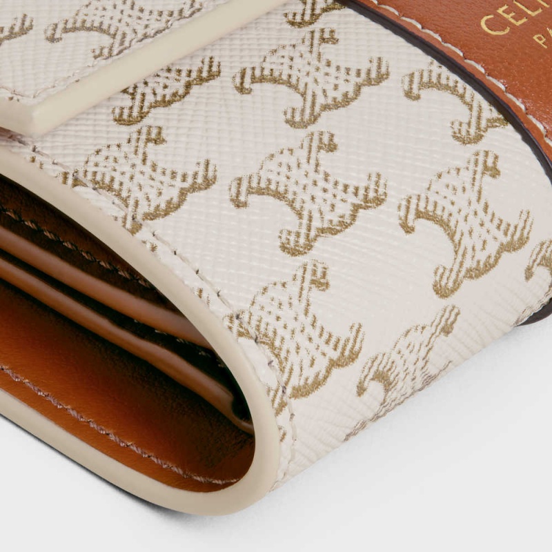 Celine Small Trifold In Triomphe Kanvas And Lambskin Cüzdan Beyaz Kahverengi | CL-593005