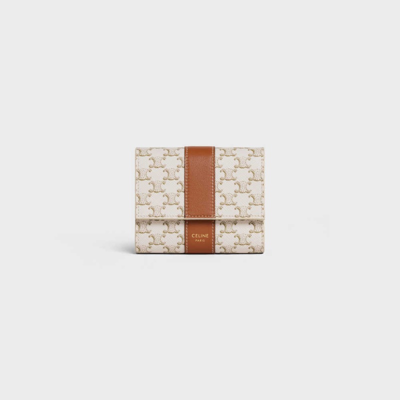 Celine Small Trifold In Triomphe Kanvas And Lambskin Cüzdan Beyaz Kahverengi | CL-593005