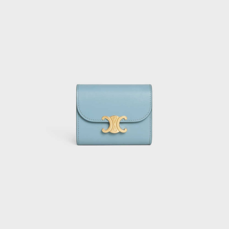 Celine Small Triomphe In Shiny Calfskin Cüzdan Mavi | CL-592972