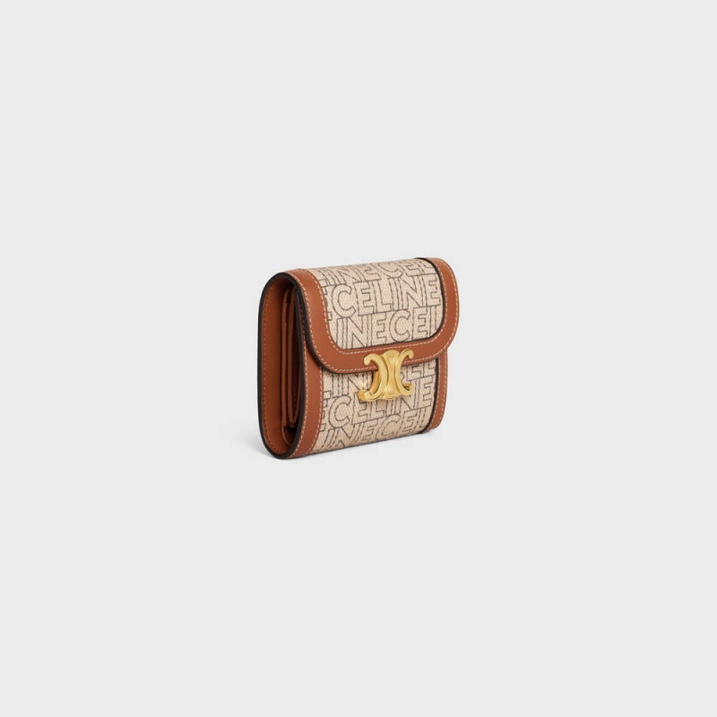 Celine Small Triomphe In Tekstil All Over Print Cüzdan Bej Rengi Kahverengi | CL-592975
