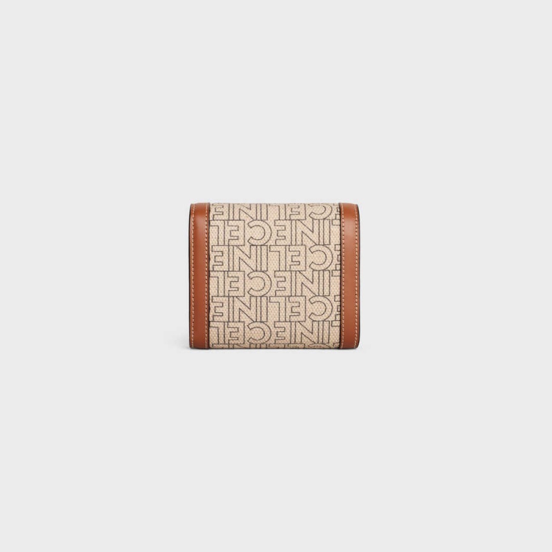 Celine Small Triomphe In Tekstil All Over Print Cüzdan Bej Rengi Kahverengi | CL-592975