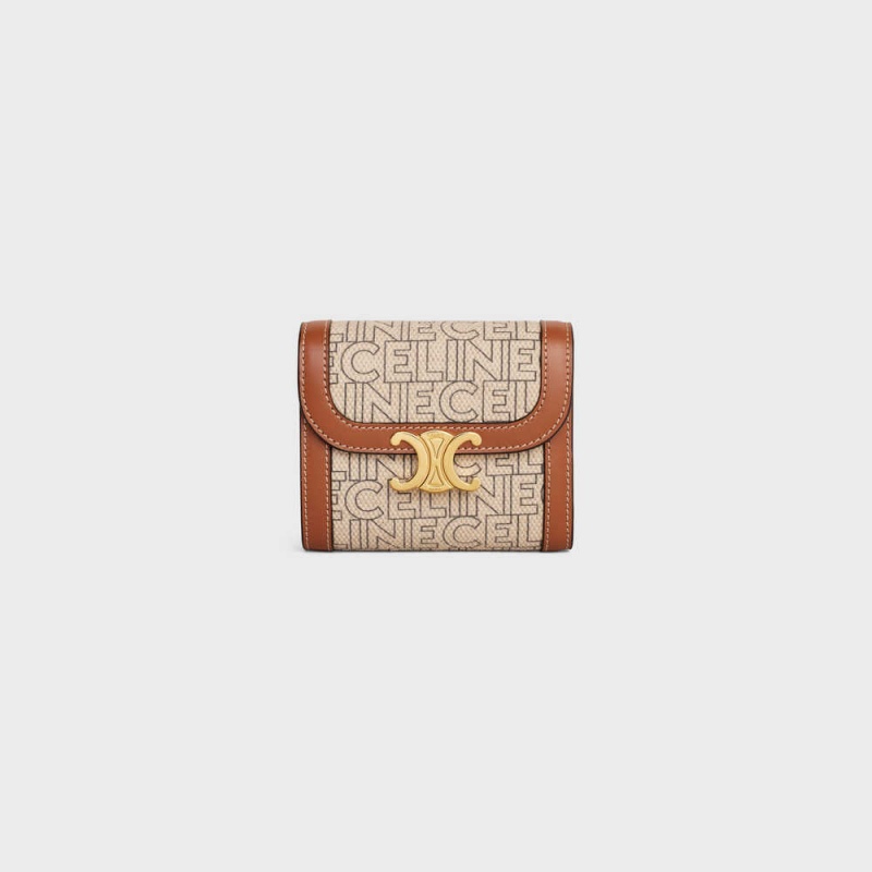Celine Small Triomphe In Tekstil All Over Print Cüzdan Bej Rengi Kahverengi | CL-592975