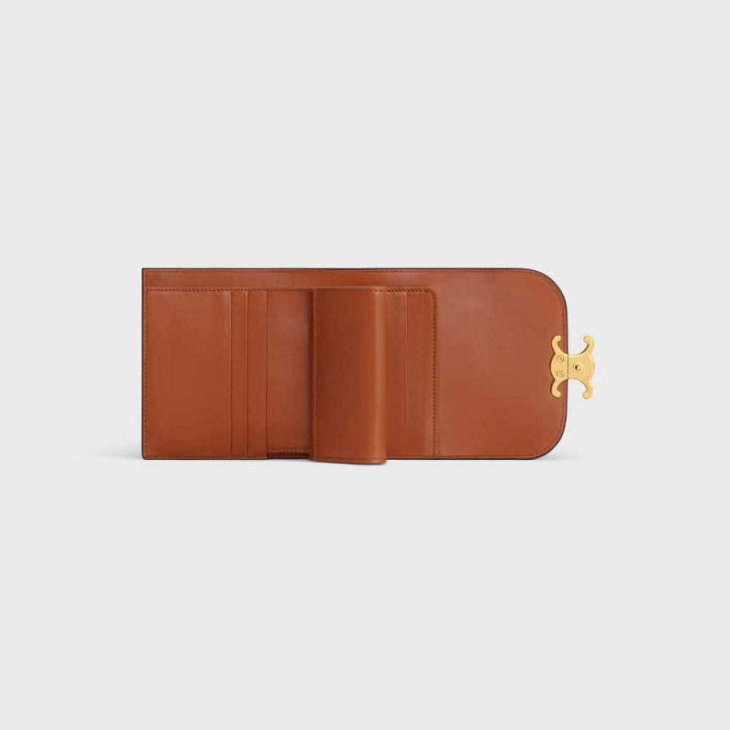 Celine Small Triomphe In Tekstil And Calfskin Cüzdan Bej Rengi Kahverengi | CL-592976
