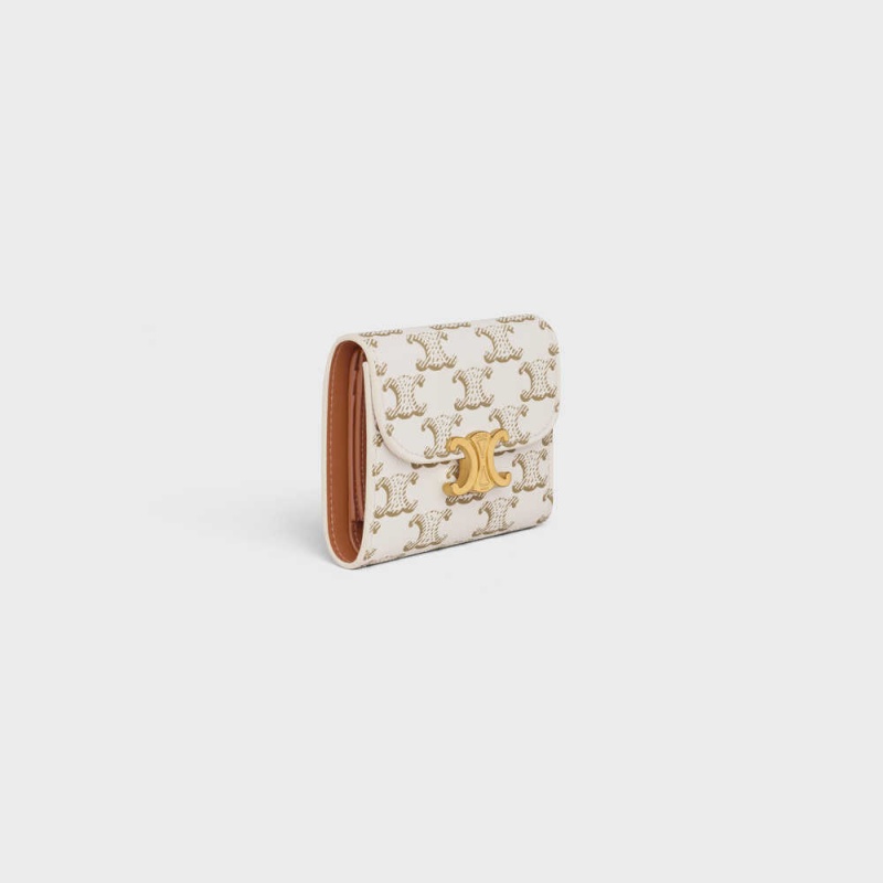 Celine Small Triomphe In Triomphe Kanvas Cüzdan Beyaz Kahverengi | CL-592978