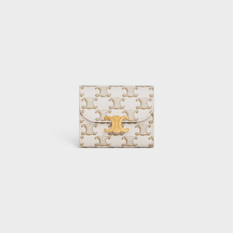 Celine Small Triomphe In Triomphe Kanvas Cüzdan Beyaz Kahverengi | CL-592978