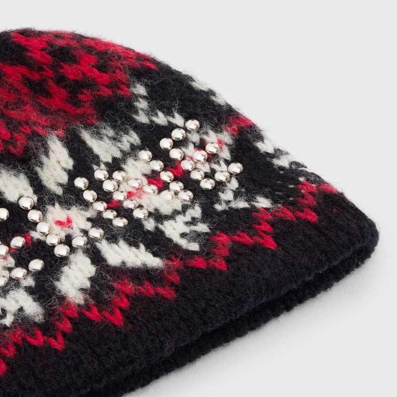 Celine Studs Beanie In Snowflakes Yün Şapka Siyah Kırmızı Beyaz | CL-591719