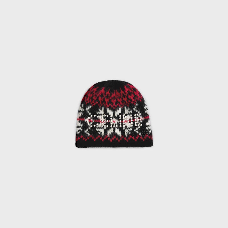 Celine Studs Beanie In Snowflakes Yün Şapka Siyah Kırmızı Beyaz | CL-591719