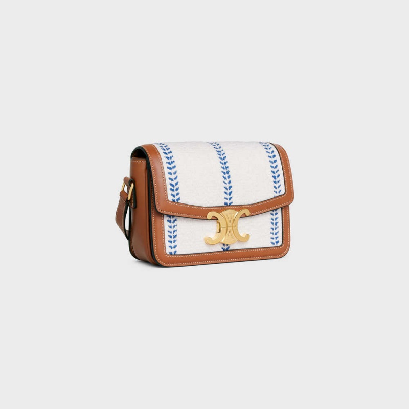 Celine Teen Bag In Çizgili Tekstil And Calfskin Triomphe Mavi | CL-593193