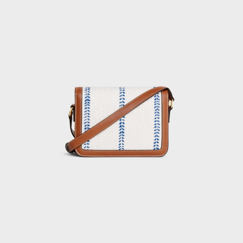 Celine Teen Bag In Çizgili Tekstil And Calfskin Triomphe Mavi | CL-593193