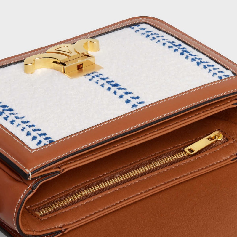 Celine Teen Bag In Çizgili Tekstil And Calfskin Triomphe Mavi | CL-593193