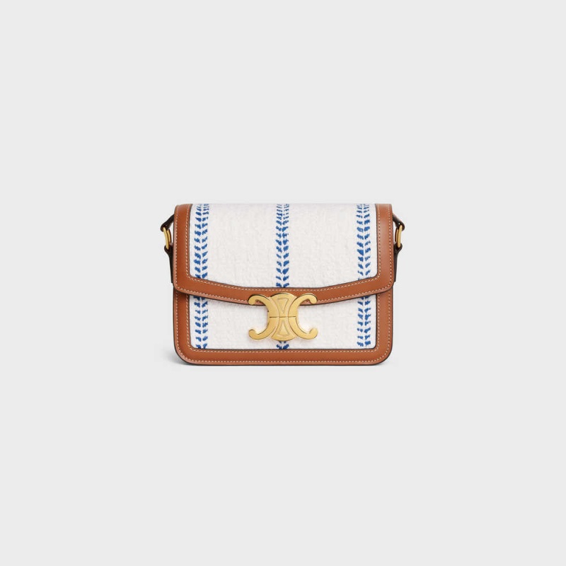 Celine Teen Bag In Çizgili Tekstil And Calfskin Triomphe Mavi | CL-593193