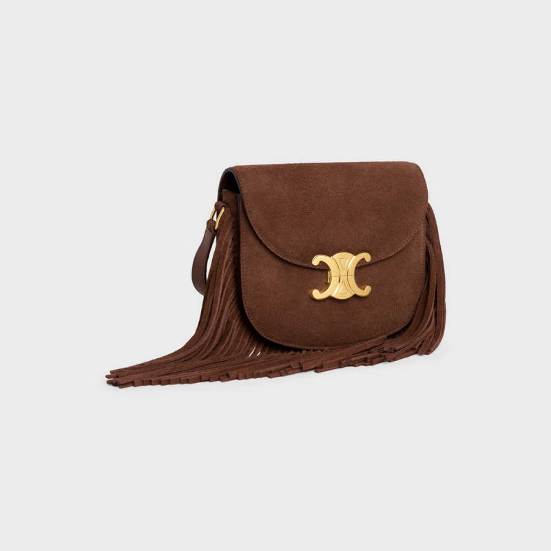 Celine Teen Besace With Fringes In Süet Calfskin Triomphe Kahverengi | CL-593221