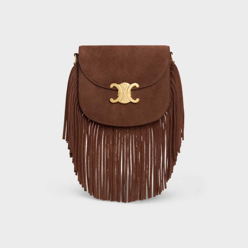Celine Teen Besace With Fringes In Süet Calfskin Triomphe Kahverengi | CL-593221