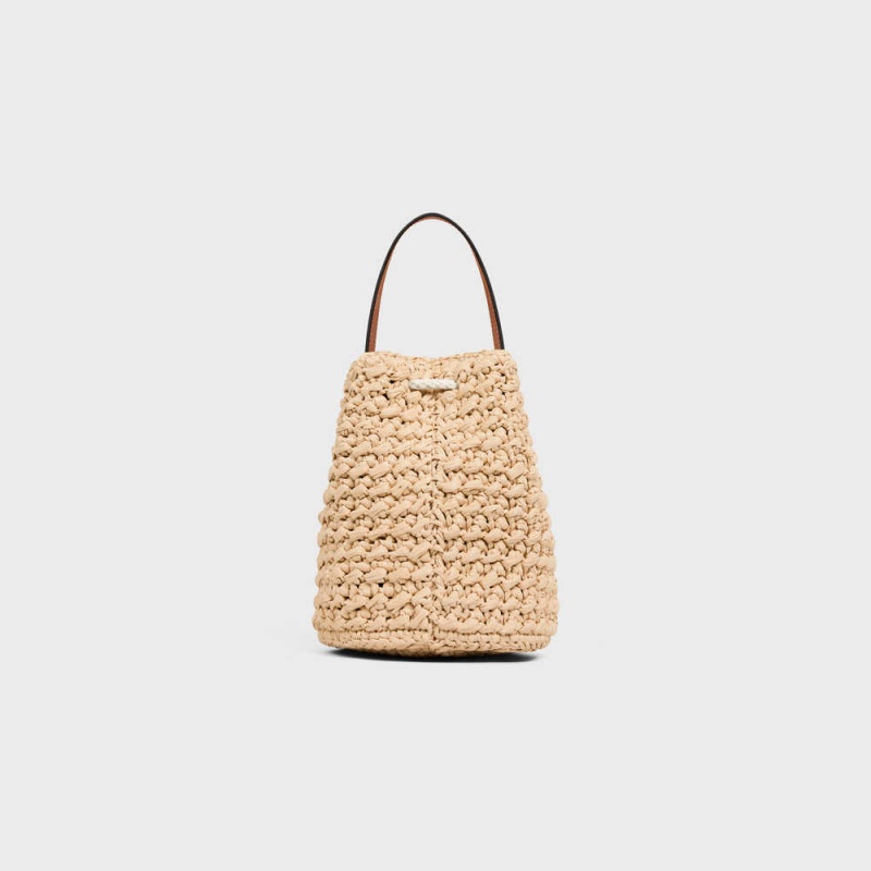Celine Teen Drawstring In Raffia And Calfskin Panier Bej Rengi Kahverengi | CL-593071